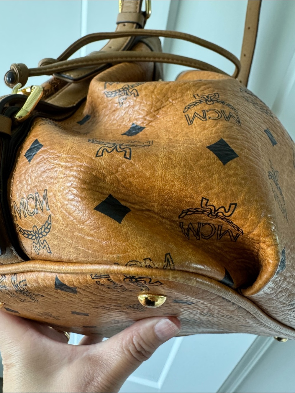 MCM Cognac Visetos Logo Drawstring Shoulder Bag - Picture 5 of 16